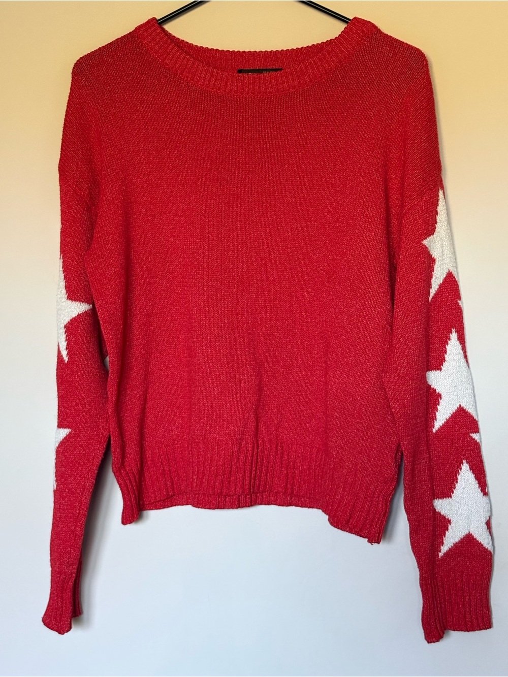 SHEIN Red Crewneck Sweater with White Star Sleeves